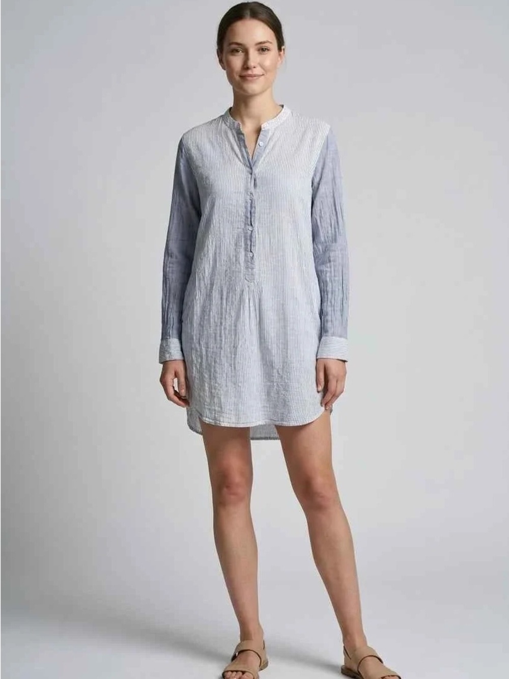 Light Blue Striped Long-Sleeve Tunic Top